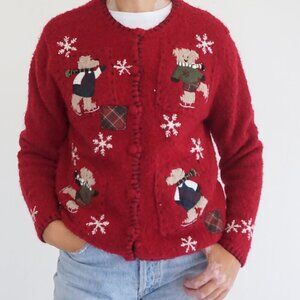 Vintage Croft & Barrow Red Teddy Bear Ice Skating Snowflake Christmas Cardigan S